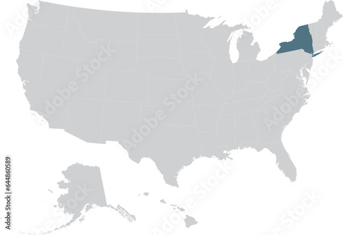 Blue Map of US federal state of New York within gray map of United States of America