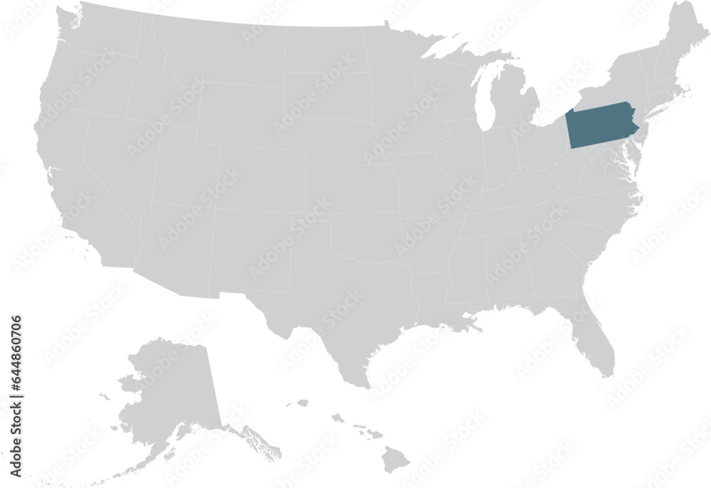 Fototapeta premium Blue Map of US federal state of Pennsylvania within gray map of United States of America