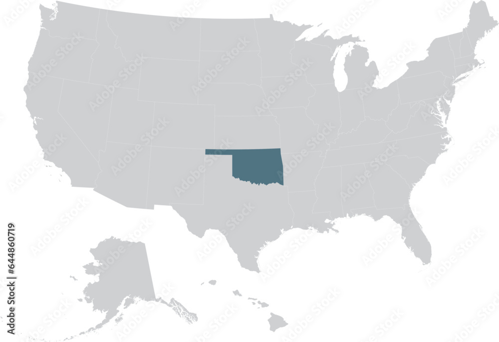 Blue Map of US federal state of Oklahoma within gray map of United States of America