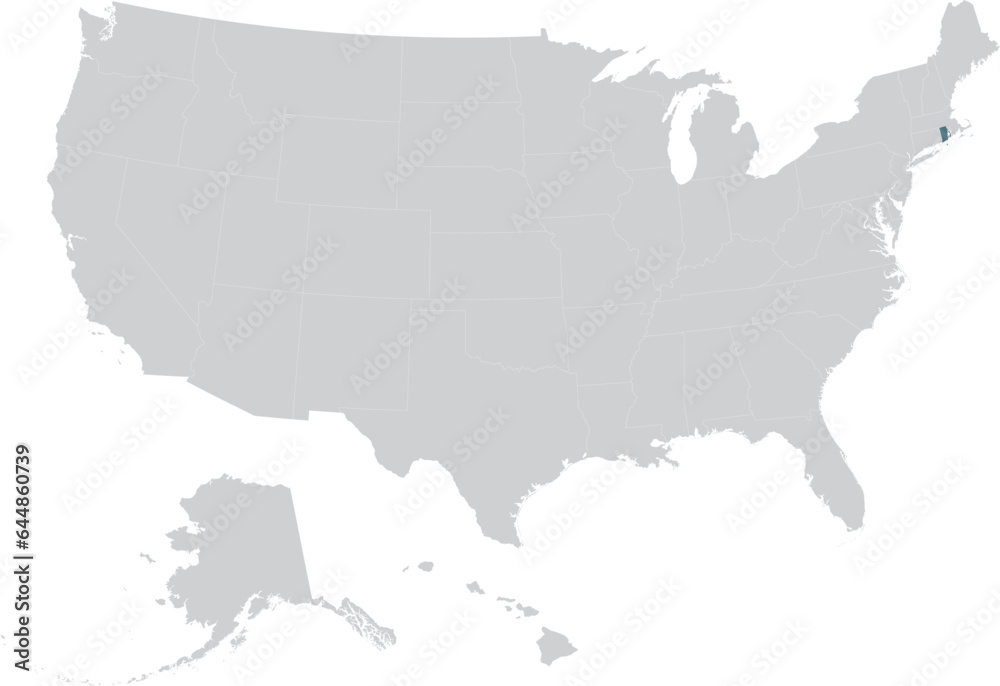 Blue Map of US federal state of Rhode Island within gray map of United States of America