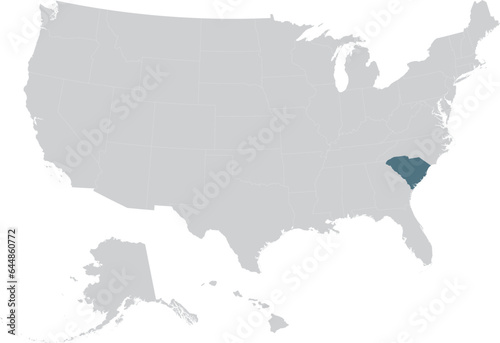 Blue Map of US federal state of South Carolina within gray map of United States of America