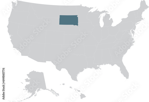 Blue Map of US federal state of South Dakota within gray map of United States of America