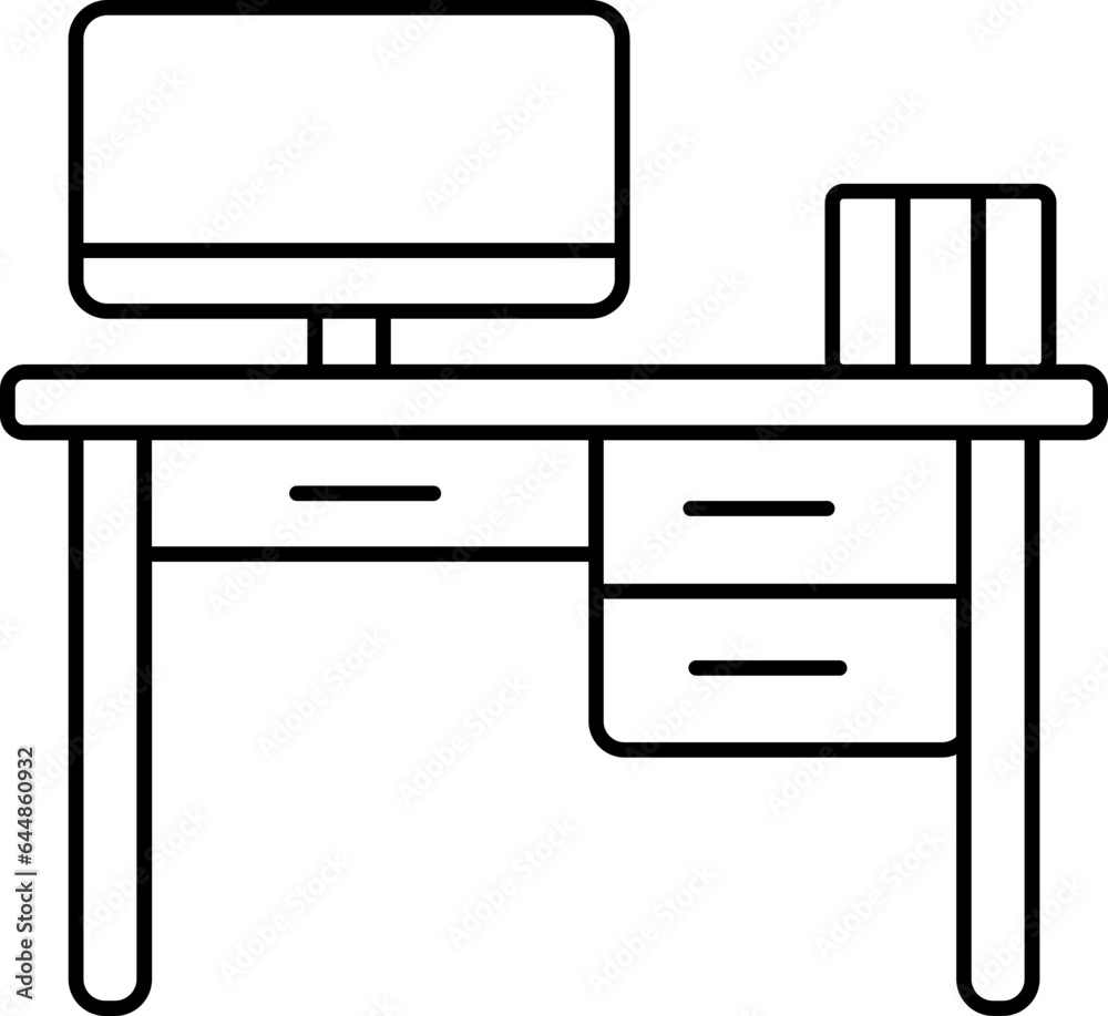 Books And Computer On Drawer Desk Linear Icon. Books And Computer On Drawer Desk Linear Icon.