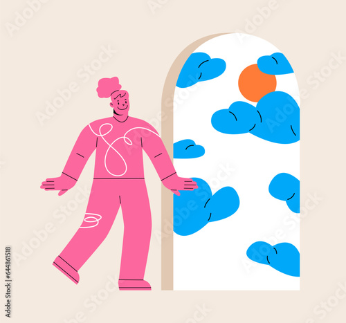 Woman starts a new life. Concept of mental health improvement. Colorful vector illustration