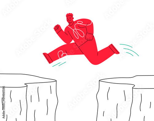 Man jumps over cliff. OIvercoming obstacles concept. Vector illustration isolated on white background