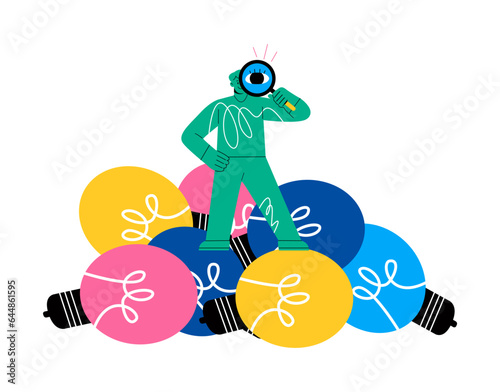 Man hold magnifying glassseeking for ideas. Concept, finding new ideas. Colorful vector illustration
