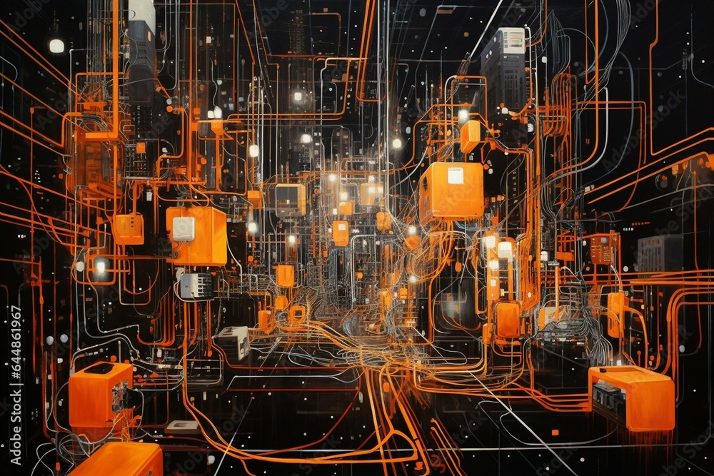 An elaborate electronic circuit board with numerous interconnected wires and structures along with a backdrop of vibrant orange, black, and white lights. Generative AI