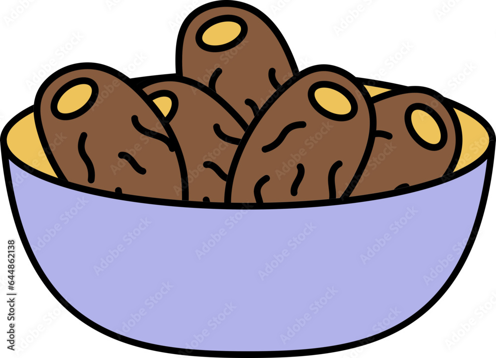 Dates Bowl Icon In Brown And Purple Color. Dates Bowl Icon In Brown And Purple Color.
