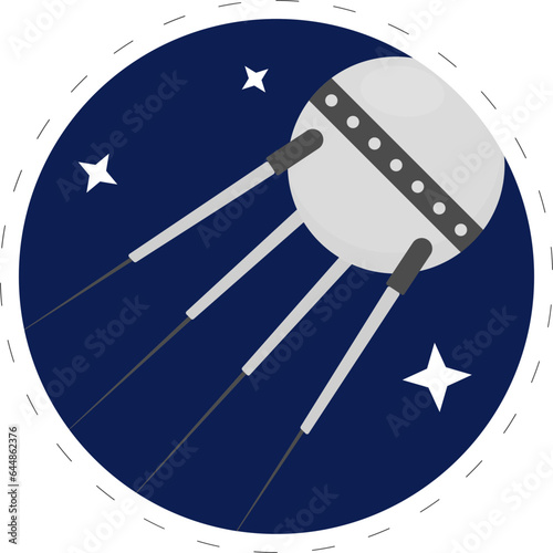 Sticker Style Sputnik Fly In Space Stars Blue Circle Background.