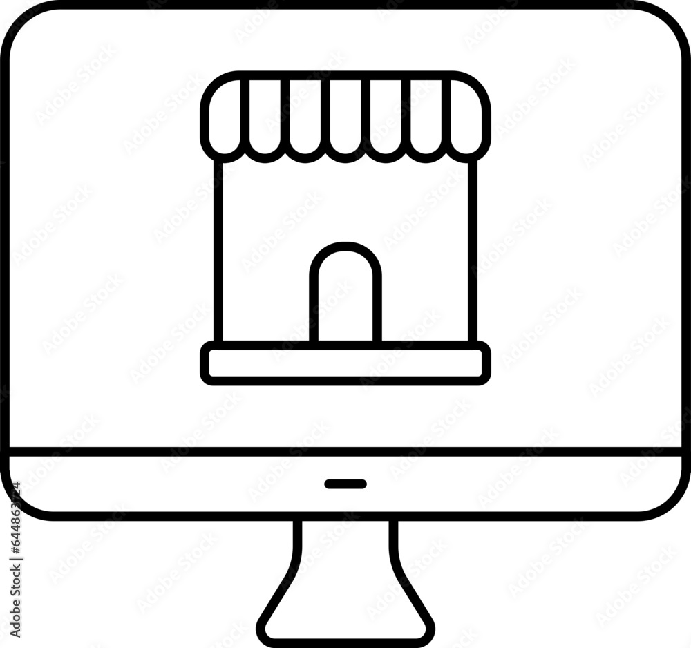 E-Shop In Computer For Online Shopping Line Art Icon.