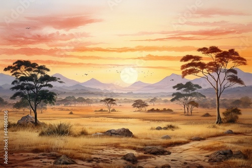Sunrise over African savannah in a watercolor landscape illustration. Generative AI