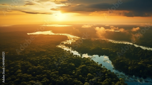 aerial view of beautiful tropical river with sunset