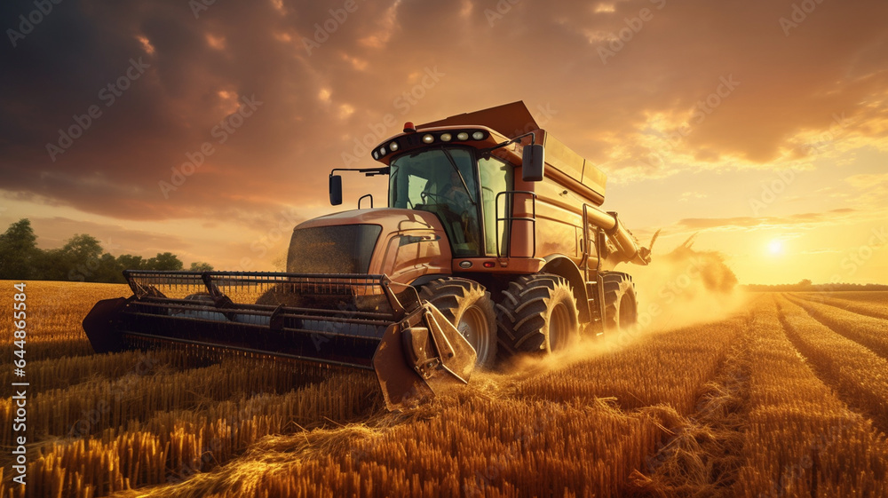 Fototapeta premium red tractor on a wheat field