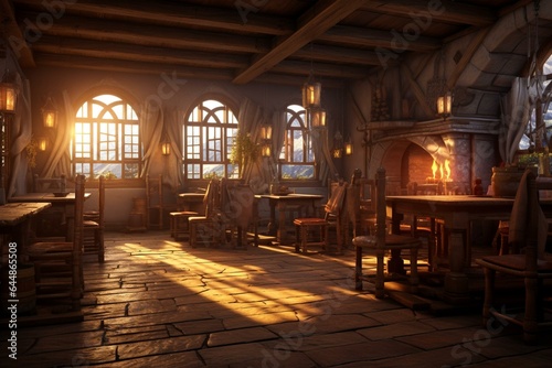 Atmospheric medieval tavern with candlelit interior and sunlight streaming through windows. 3D rendering. Generative AI