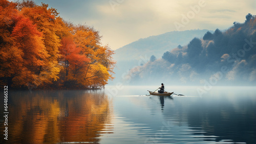colorful autumn landscape with boat and lake