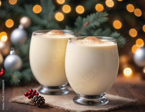 creamy eggnog cocktail against a festive Christmas background at home