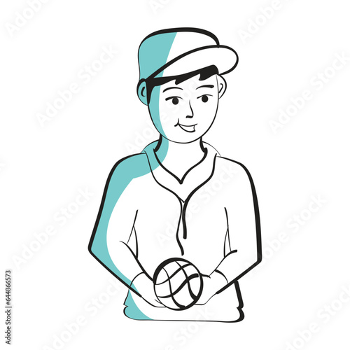 Hand Drawn Young Man Player Holding Football On White Background.