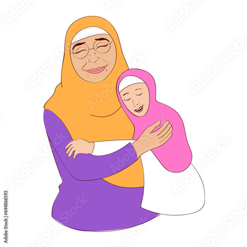Islamic Young Girl Hugging Grandmother On White Background.