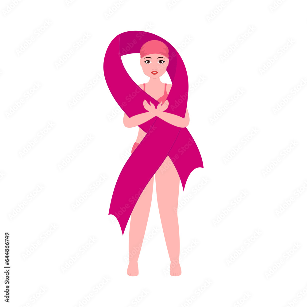 Bald Young Girl Covering From Pink Cross Ribbon On White Background. Bald Young Girl Covering From Pink Cross Ribbon On White Background.