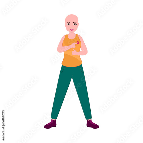 Modern Bald Young Girl Wearing Pink Cross Ribbon On White Background.
