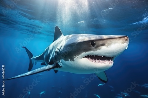 Formidable toothy shark swimming in the background of the ocean  close-up.