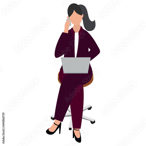 Faceless Young Woman Using Laptop At Chair Against White Background.