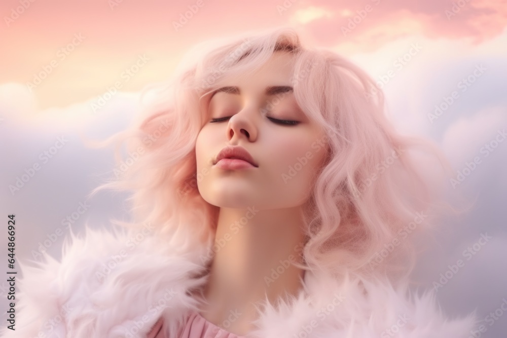 Romantic portrait of a young pretty girl with closed eyes and pink hair against a pink sunset.