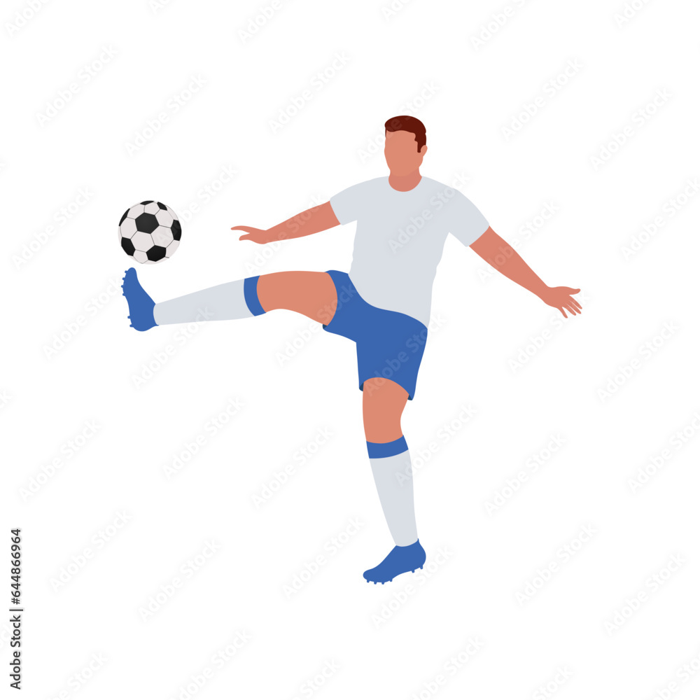 Cartoon Soccer Player Kicking Ball On White Background.