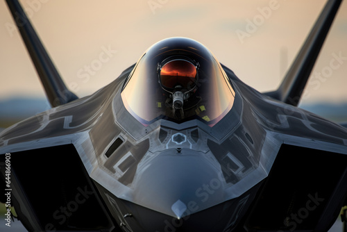 Image of an US fighter plane against a sunset background, close-up. photo