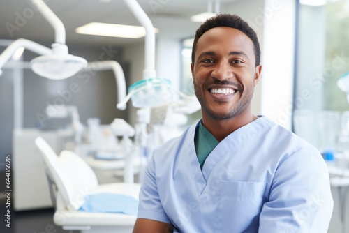 Male portrait of a smiling african dentist doctor in the background of a dental office.