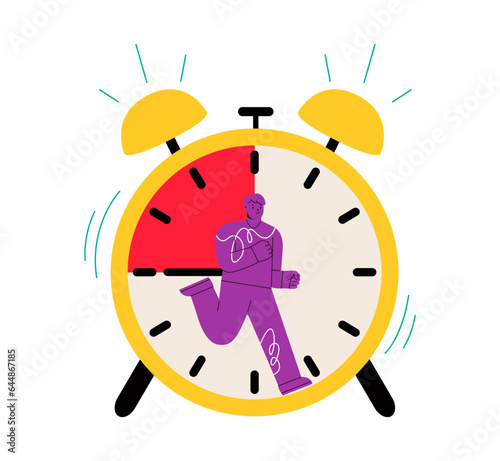 Man runs like squirrel in wheel, deadline and stressful task, time. Management  concept. Colorful vector illustration