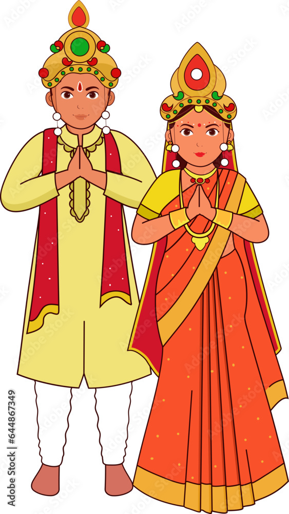 Odia Wedding Couple Greeting Namaste In Traditional Costume Of Odisha.