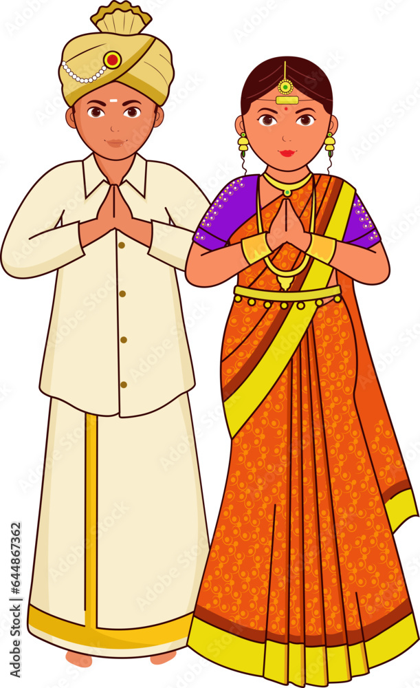 Kongu Wedding Couple Greeting Namaste In Traditional Attire.
