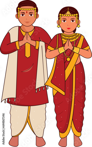Maharashtrian Young Couple Wearing Wedding Dress In Namaste Pose.