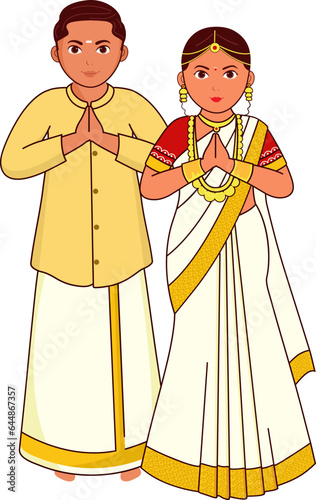 Kerala Wedding Couple Greeting Namaste In Standing Pose.