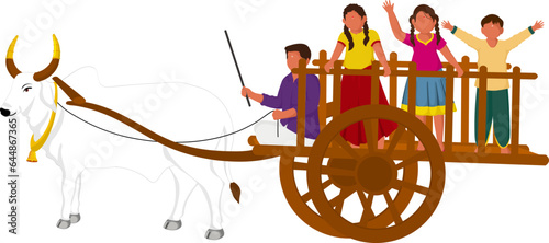South Indian Man Riding Bullock Cart And Children Enjoying Against Background.