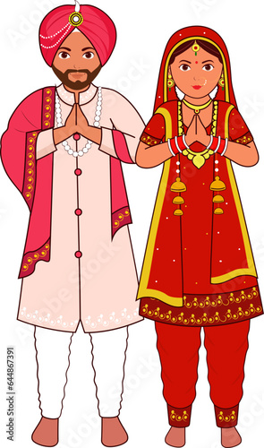 Sikh Wedding Couple Greeting Namaste In Traditional Dress.