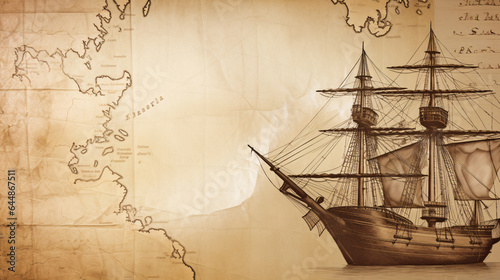 Charting the Past: Ancient Sailboat, Compass, and Historic Map. This concept unearths the realm of sea voyages, discoveries, pirates, sailors, geography, and history photo
