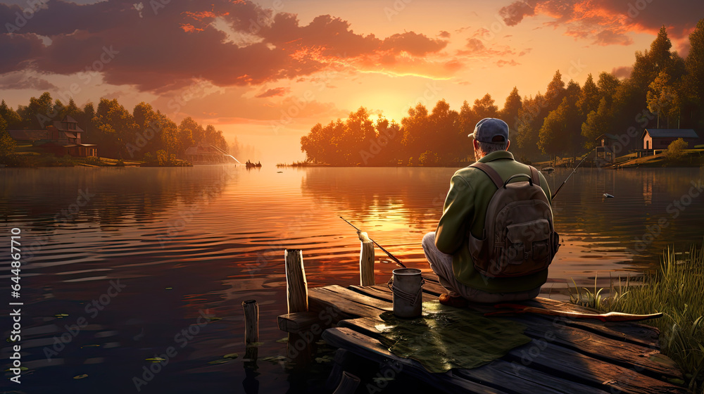 a old man in his fifties sitting on a dock, fishing at a scenic lake.