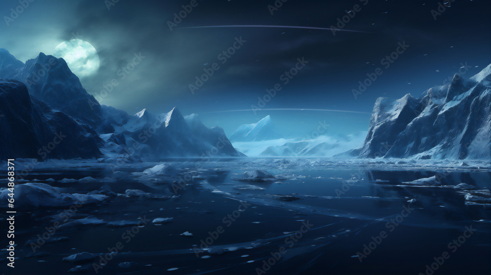 a scenic view from in north pole at the night, sky with aurora, polar bear at the lake, reflection, dramatic light and shadows, create using generative AI tools a scenic view from in north pole at the night, sky with aurora, polar bear at the lake, reflection, dramatic light and shadows, create using generative AI tools