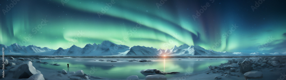 a scenic view from in north pole at the night, sky with aurora, polar bear at the lake, reflection, dramatic light and shadows, create using generative AI tools