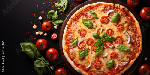 vory pizza, complete with tomatoes, cheese, and sauce, set against a stylish black stone background. Ideal for web banners