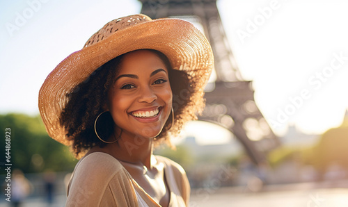 Happy black woman travel in Paris, Cheerful Female near Eiffel Tower, Travel to Europe, Famous popular tourist place in world.