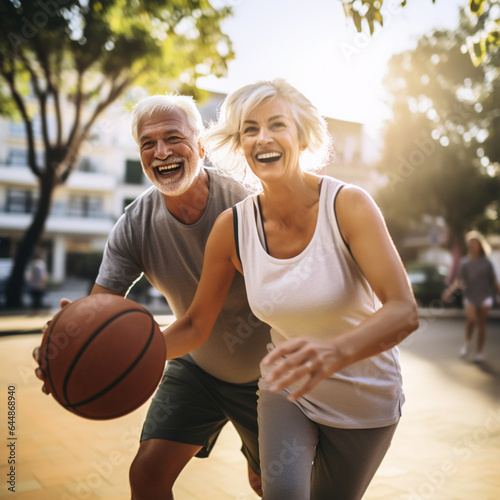 Active sporty middle aged couple playing basketball outdoors, happy man and woman jogging together outdoors, having morning workout. 