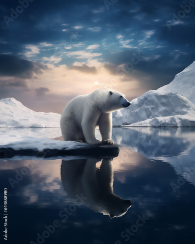 a scenic view from in north pole at the night, sky with aurora, polar bear at the lake, reflection, dramatic light and shadows, create using generative AI tools © Maizal