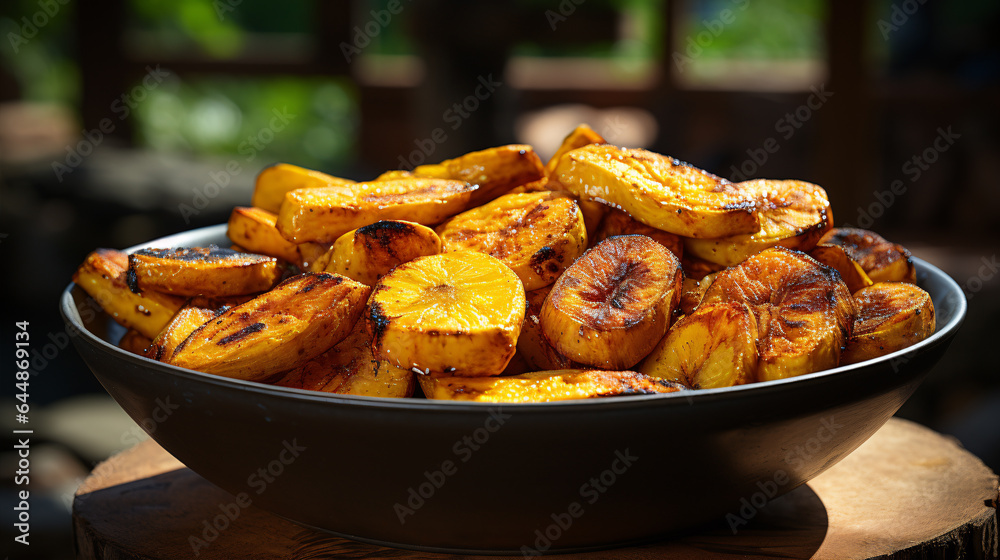Ripe fried African plantain - local staple food served as meals with sauce or as a side dish in Nigeria, West Africa and other African countries - obrazy, fototapety, plakaty 
