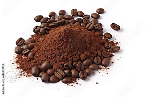Heap of aromatic bean. Awakening senses. Dark and aromatic morning ritual. Closeup of freshly ground coffee beans on white background isolated