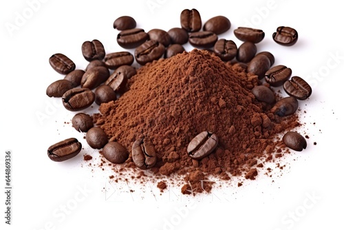 Heap of aromatic bean. Awakening senses. Dark and aromatic morning ritual. Closeup of freshly ground coffee beans on white background isolated