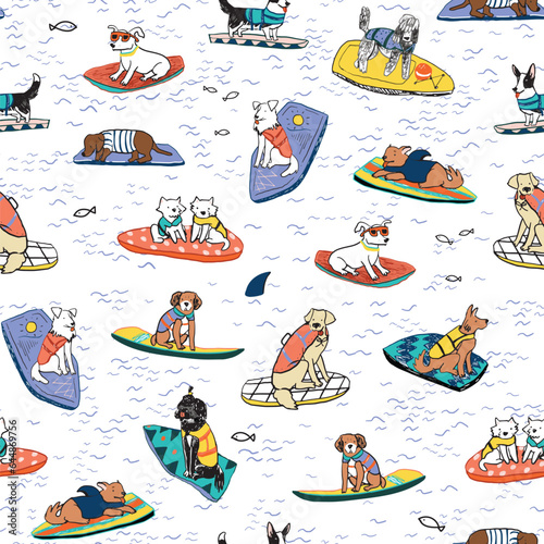 Dog surfing vector seamless pattern.