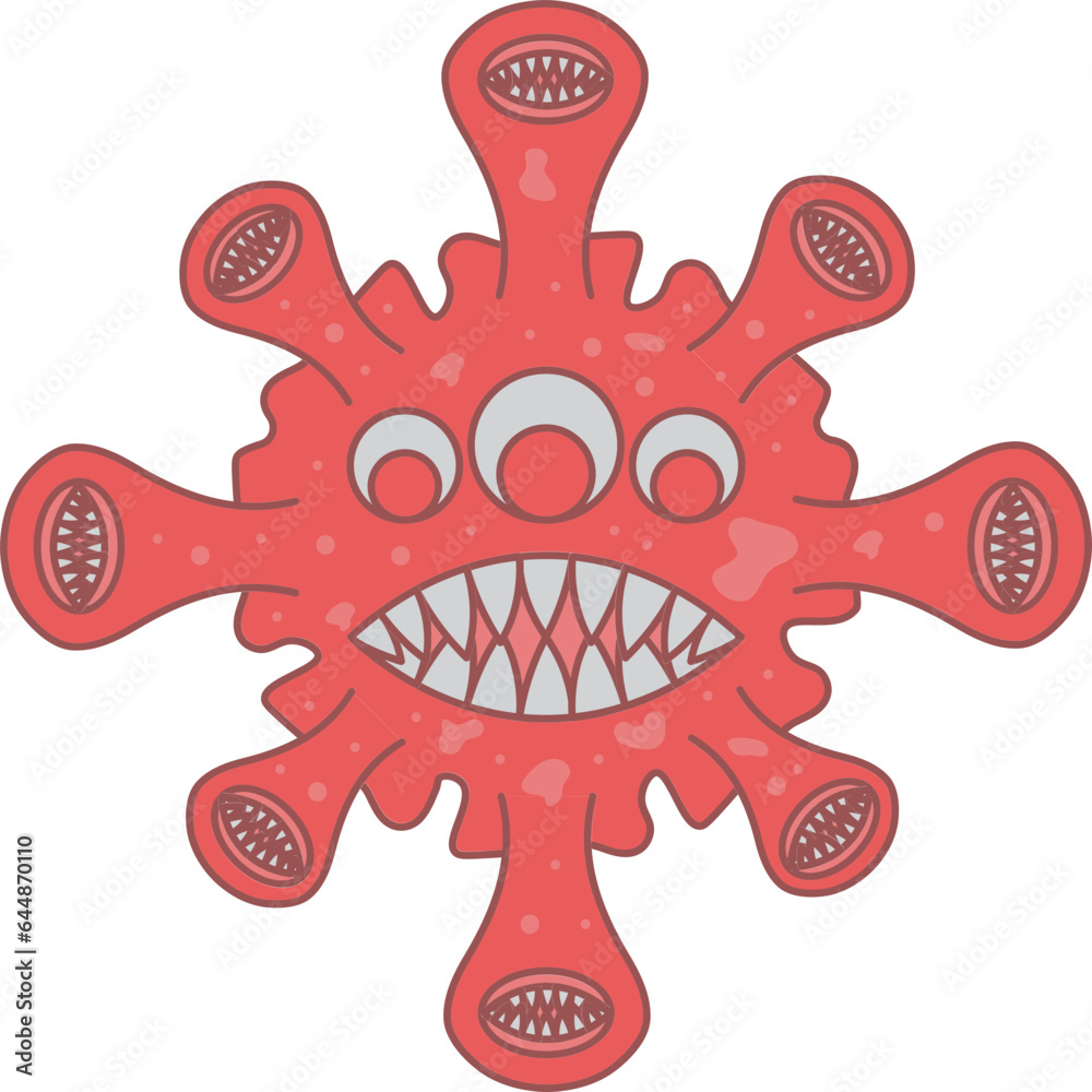Fototapeta premium Three Eye And Many Virus Mouth Cartoon Flat Icon In Red Color.